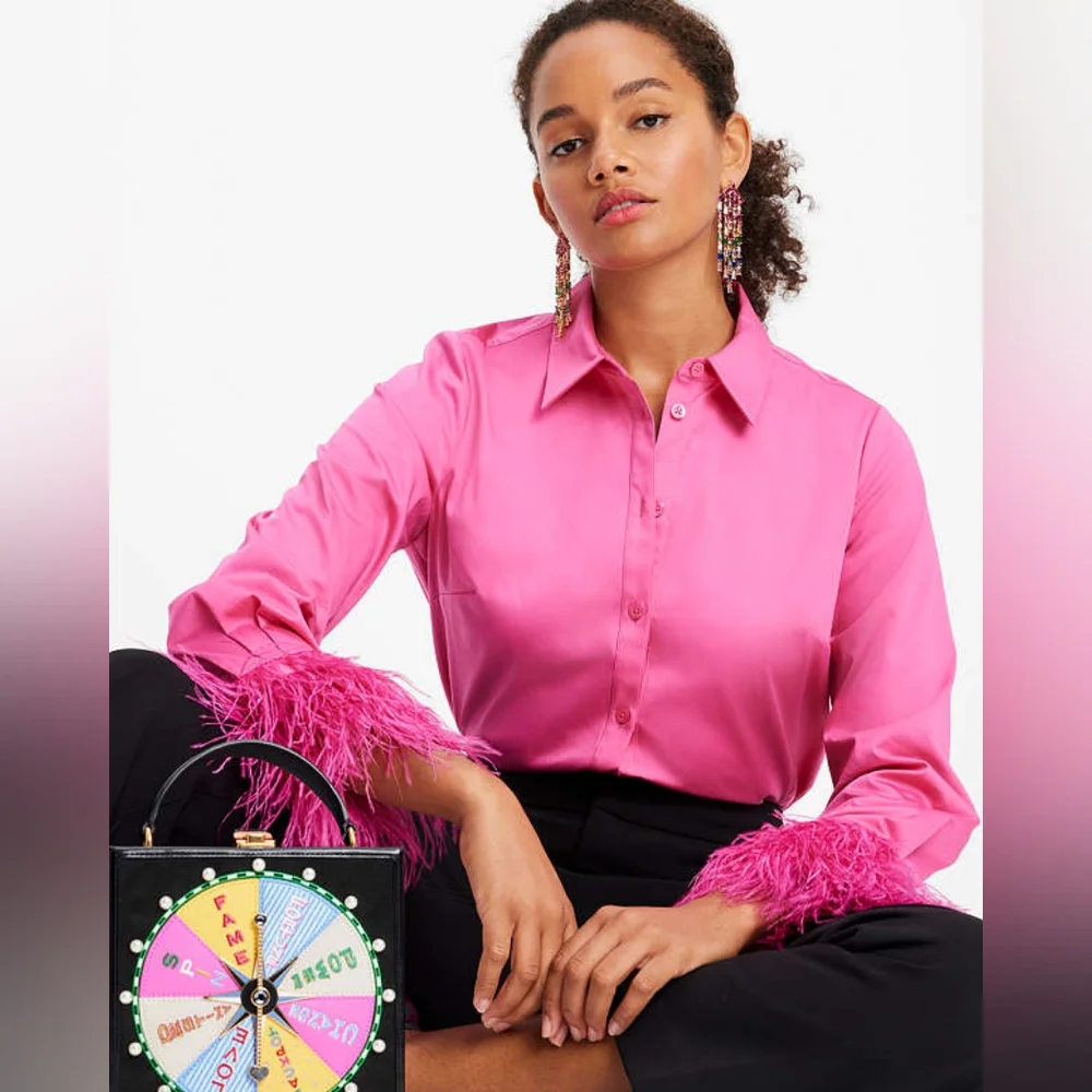 Feather Trim  Poplin Shirt in Vivid Snapdragon